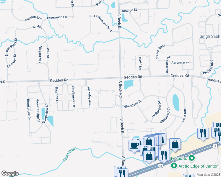 map of restaurants, bars, coffee shops, grocery stores, and more near 47488 Pembroke Drive in Canton