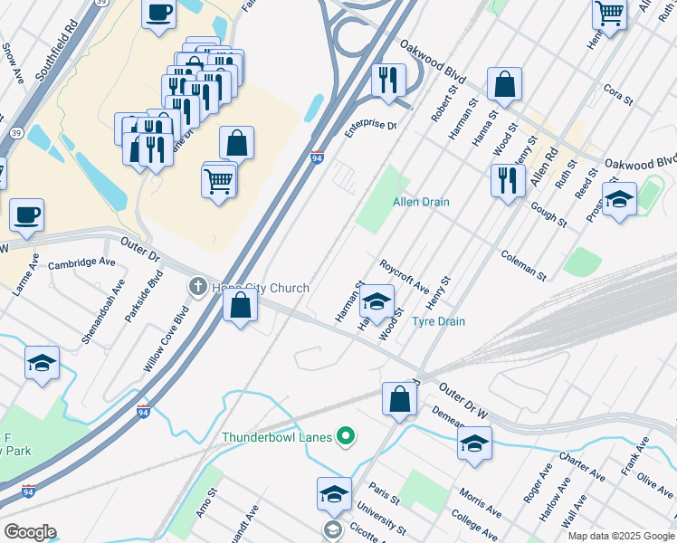 map of restaurants, bars, coffee shops, grocery stores, and more near 23935 West Outer Drive in Melvindale