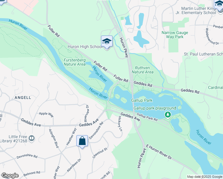 map of restaurants, bars, coffee shops, grocery stores, and more near 3237 Gallup Park Road in Ann Arbor
