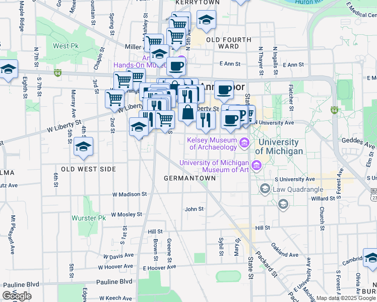 map of restaurants, bars, coffee shops, grocery stores, and more near 425 South 5th Avenue in Ann Arbor