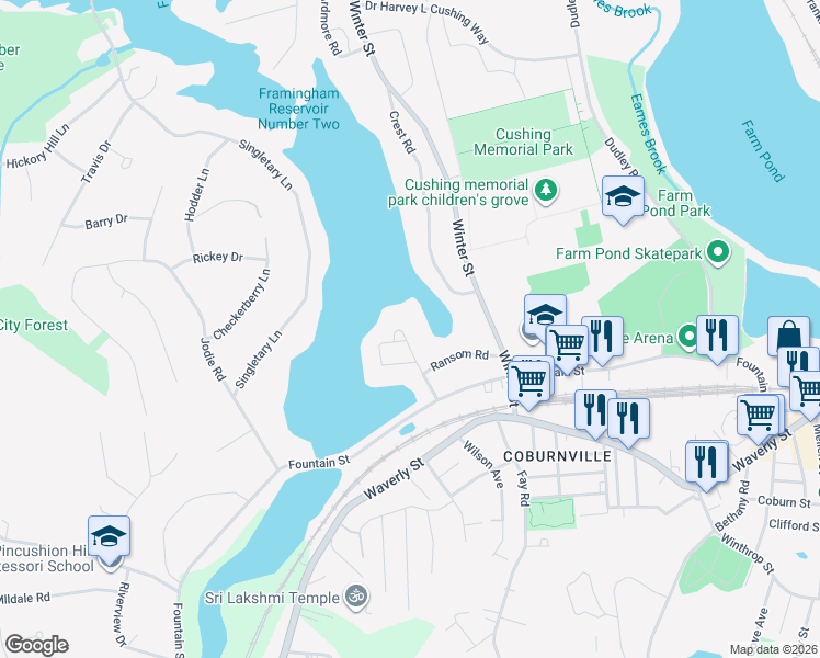 map of restaurants, bars, coffee shops, grocery stores, and more near 53 Pincushion Road in Framingham