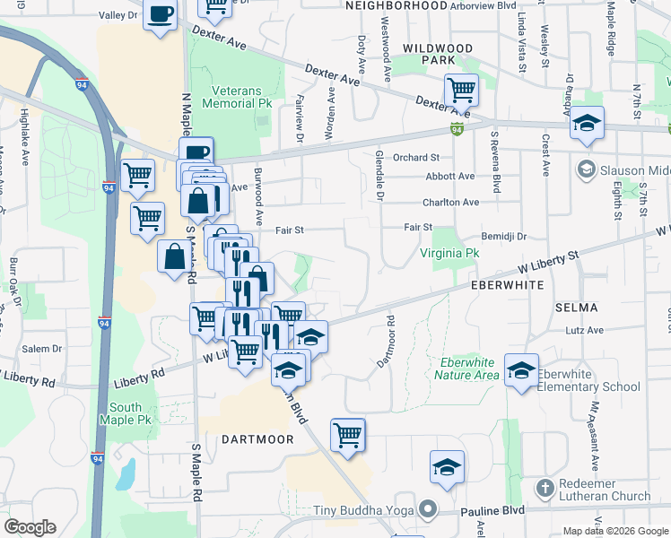 map of restaurants, bars, coffee shops, grocery stores, and more near 2010 Winewood Avenue in Ann Arbor