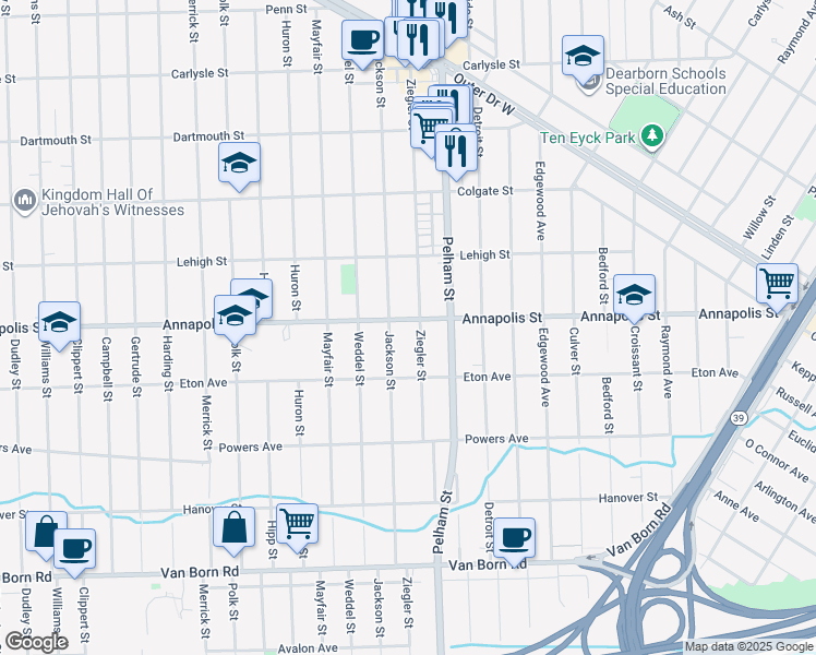 map of restaurants, bars, coffee shops, grocery stores, and more near 4491 Jackson Street in Dearborn Heights