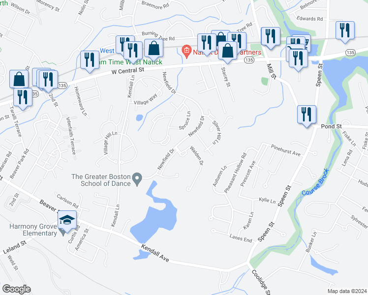 map of restaurants, bars, coffee shops, grocery stores, and more near 4 Walden Drive in Natick