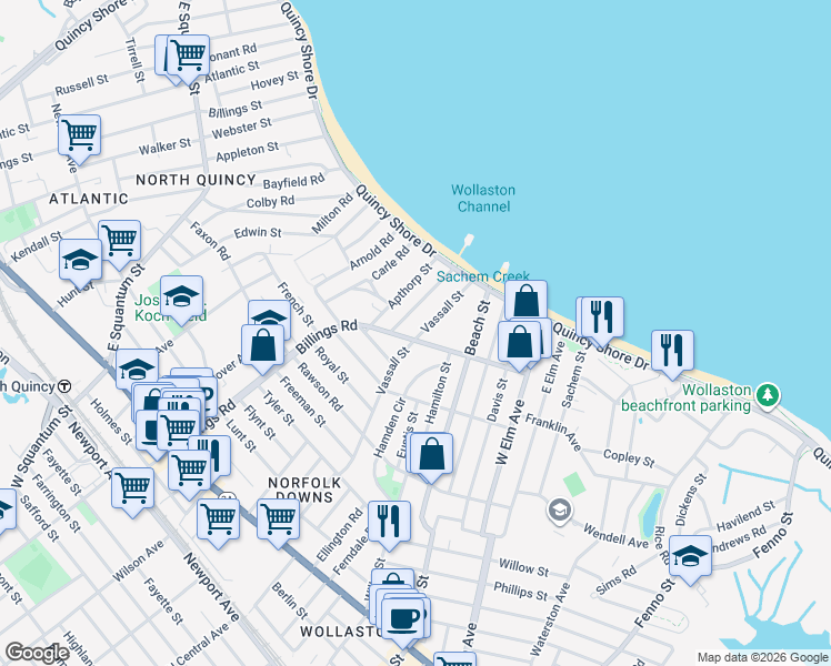 map of restaurants, bars, coffee shops, grocery stores, and more near 25 Channing Street in Quincy