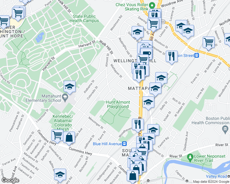 map of restaurants, bars, coffee shops, grocery stores, and more near 76 Hiawatha Road in Boston
