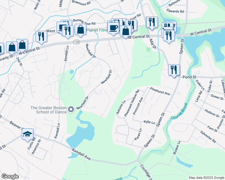 map of restaurants, bars, coffee shops, grocery stores, and more near 3 Post Oak Lane in Natick