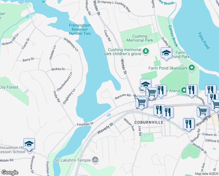 map of restaurants, bars, coffee shops, grocery stores, and more near 53 Pincushion Road in Framingham