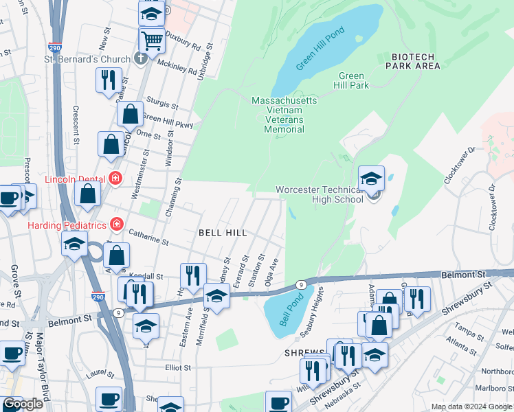 map of restaurants, bars, coffee shops, grocery stores, and more near 3 Breck Street in Worcester