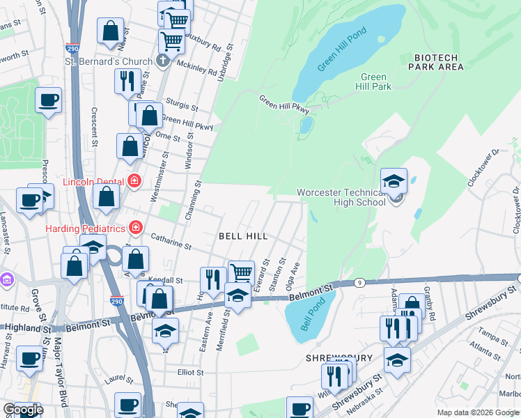 map of restaurants, bars, coffee shops, grocery stores, and more near 24 Hermitage Lane in Worcester