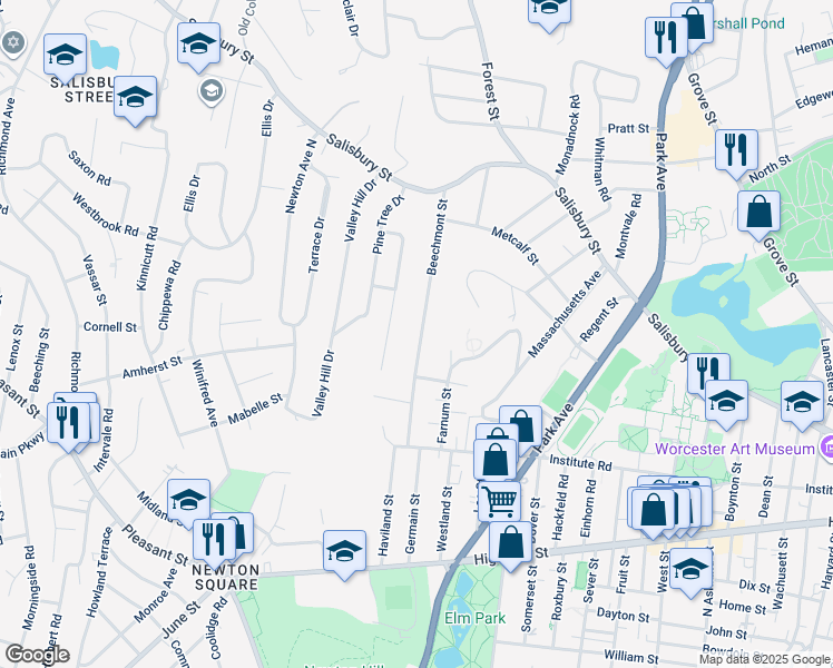 map of restaurants, bars, coffee shops, grocery stores, and more near 29 Sun Valley Drive in Worcester