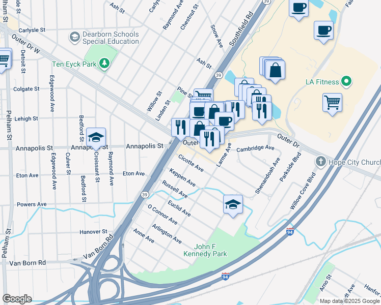 map of restaurants, bars, coffee shops, grocery stores, and more near 23126-23146 Outer Dr in Allen Park