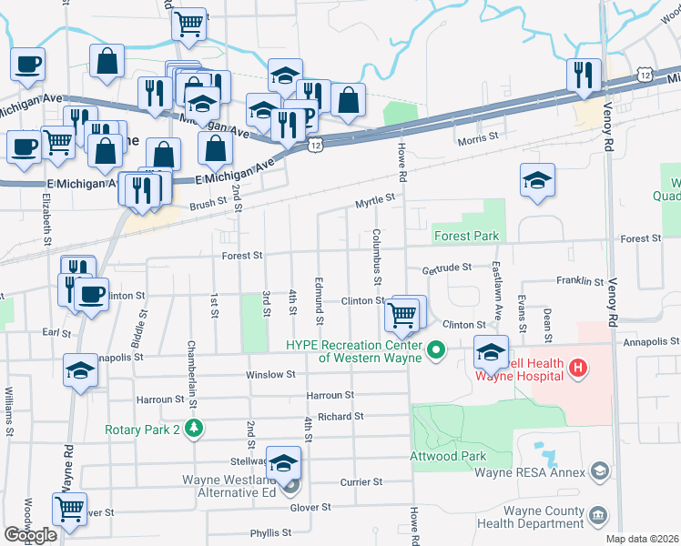 map of restaurants, bars, coffee shops, grocery stores, and more near in Wayne