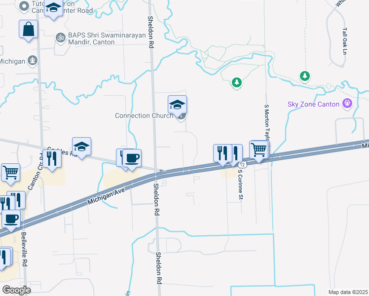 map of restaurants, bars, coffee shops, grocery stores, and more near 44090 Michigan Avenue in Canton
