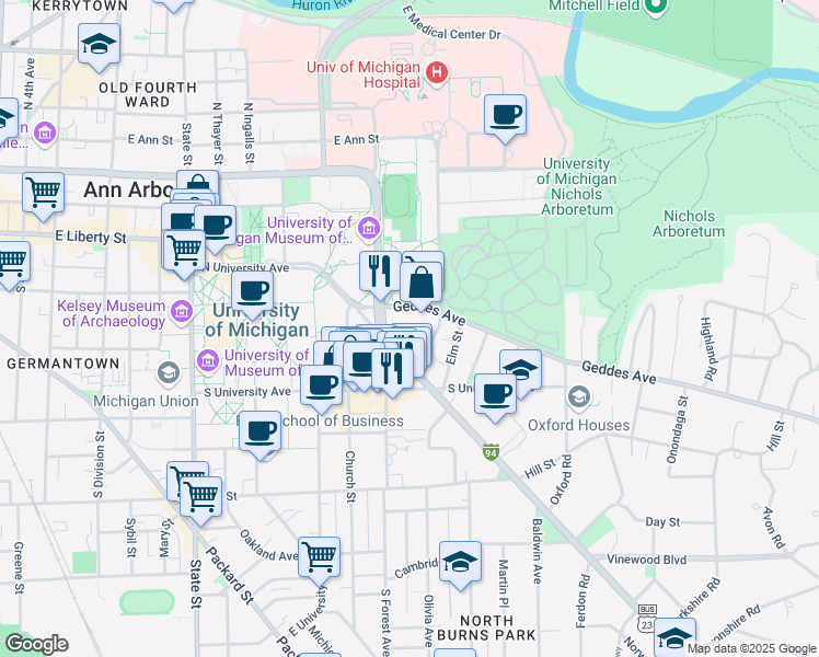 map of restaurants, bars, coffee shops, grocery stores, and more near 1341 Geddes Avenue in Ann Arbor