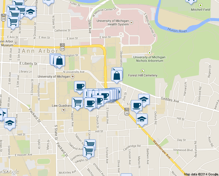 map of restaurants, bars, coffee shops, grocery stores, and more near 1304 Geddes Avenue in Ann Arbor
