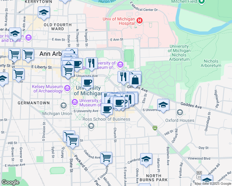 map of restaurants, bars, coffee shops, grocery stores, and more near 400 Church Street in Ann Arbor