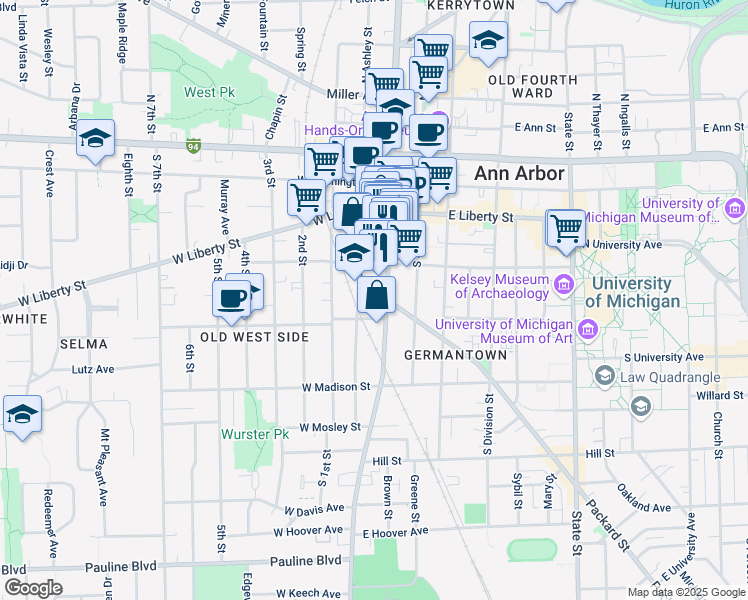 map of restaurants, bars, coffee shops, grocery stores, and more near 125 West William Street in Ann Arbor