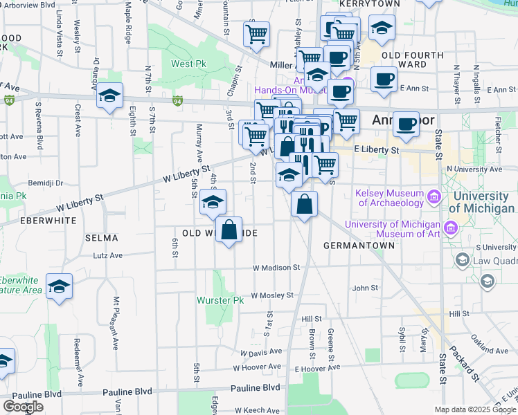 map of restaurants, bars, coffee shops, grocery stores, and more near 414 2nd Street in Ann Arbor