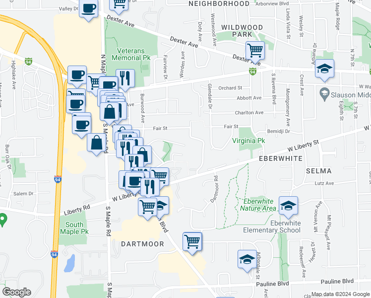 map of restaurants, bars, coffee shops, grocery stores, and more near 2010 Winewood Avenue in Ann Arbor