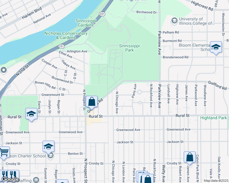 map of restaurants, bars, coffee shops, grocery stores, and more near 914 North Chicago Avenue in Rockford
