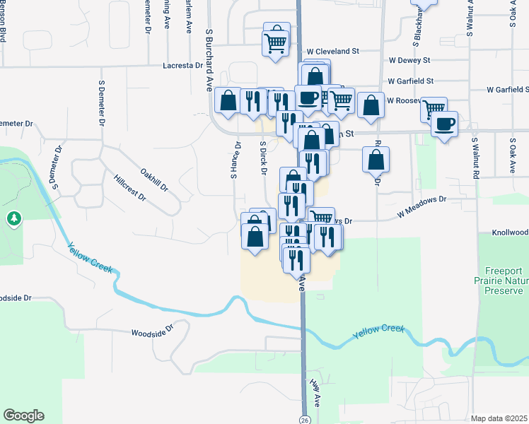 map of restaurants, bars, coffee shops, grocery stores, and more near 1760 South Dirck Drive in Freeport