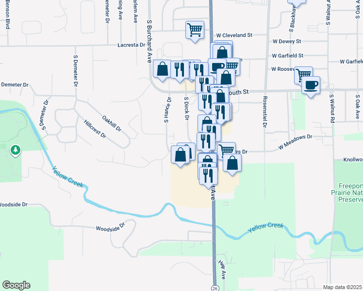 map of restaurants, bars, coffee shops, grocery stores, and more near 1760 South Dirck Drive in Freeport