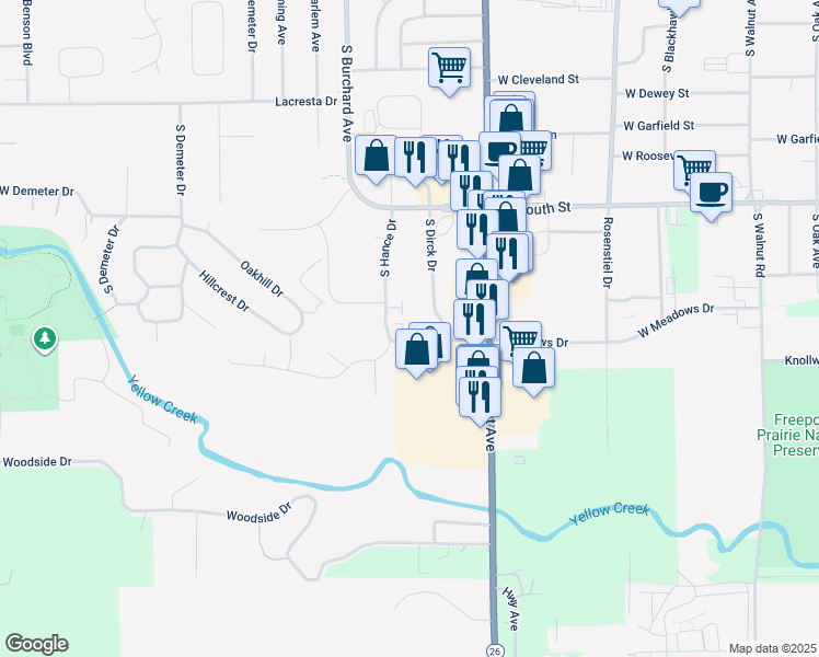 map of restaurants, bars, coffee shops, grocery stores, and more near 1760 South Dirck Drive in Freeport