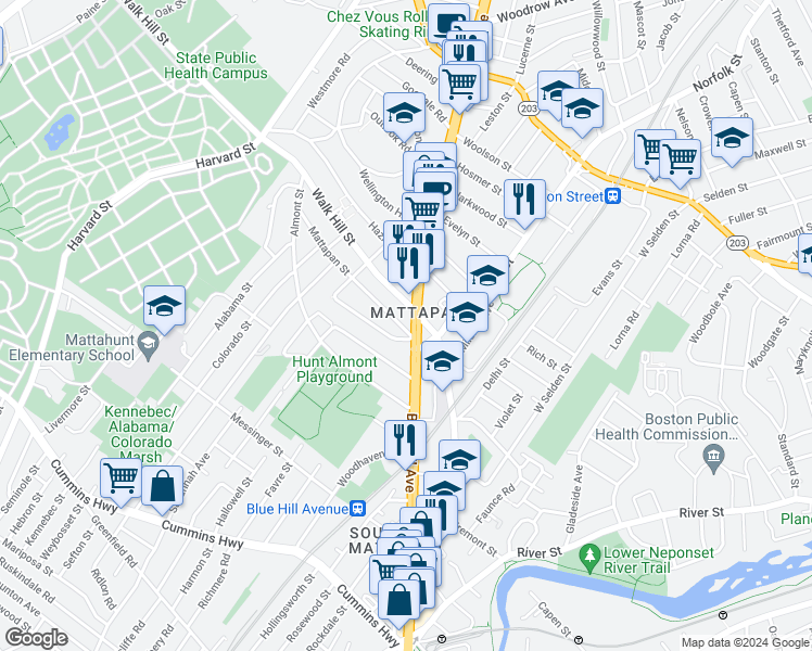 map of restaurants, bars, coffee shops, grocery stores, and more near 1387 Blue Hill Avenue in Boston