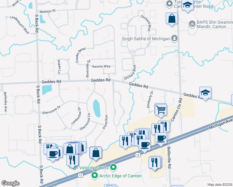 map of restaurants, bars, coffee shops, grocery stores, and more near 4464 Hunters Circle East in Canton
