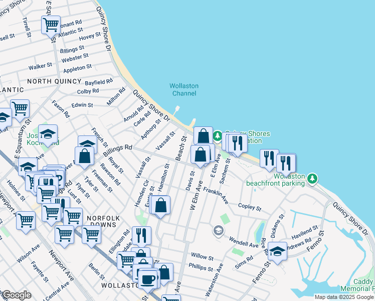 map of restaurants, bars, coffee shops, grocery stores, and more near 160 Bromfield Street in Quincy