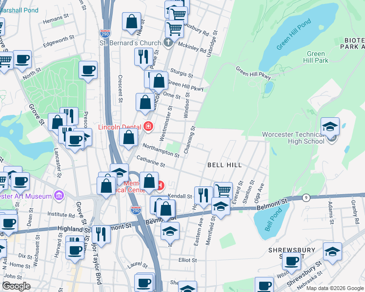 map of restaurants, bars, coffee shops, grocery stores, and more near 12 Mount Vernon Street in Worcester