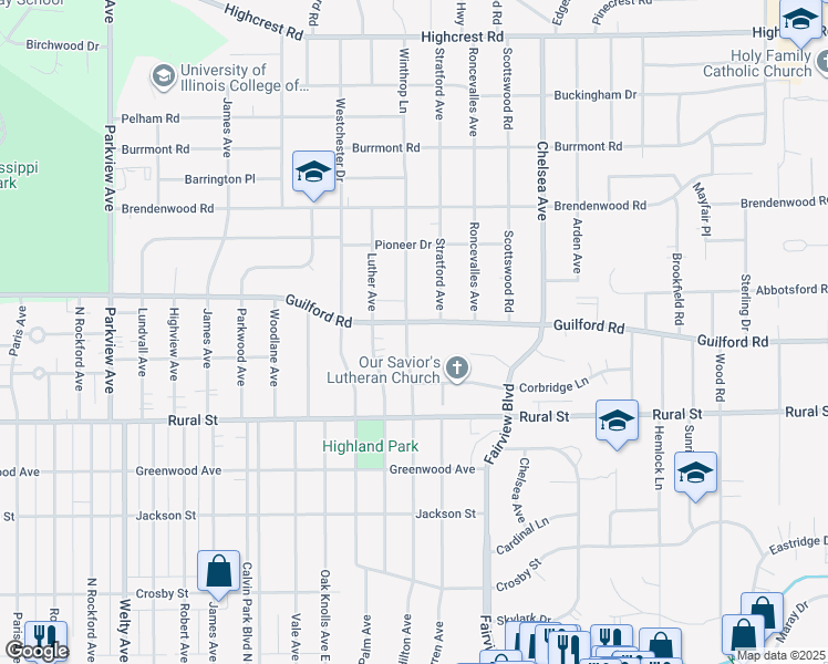 map of restaurants, bars, coffee shops, grocery stores, and more near 3204 Guilford Road in Rockford