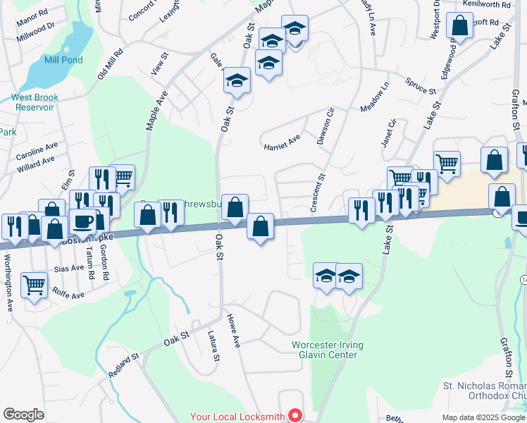 map of restaurants, bars, coffee shops, grocery stores, and more near 417 Boston Turnpike in Shrewsbury