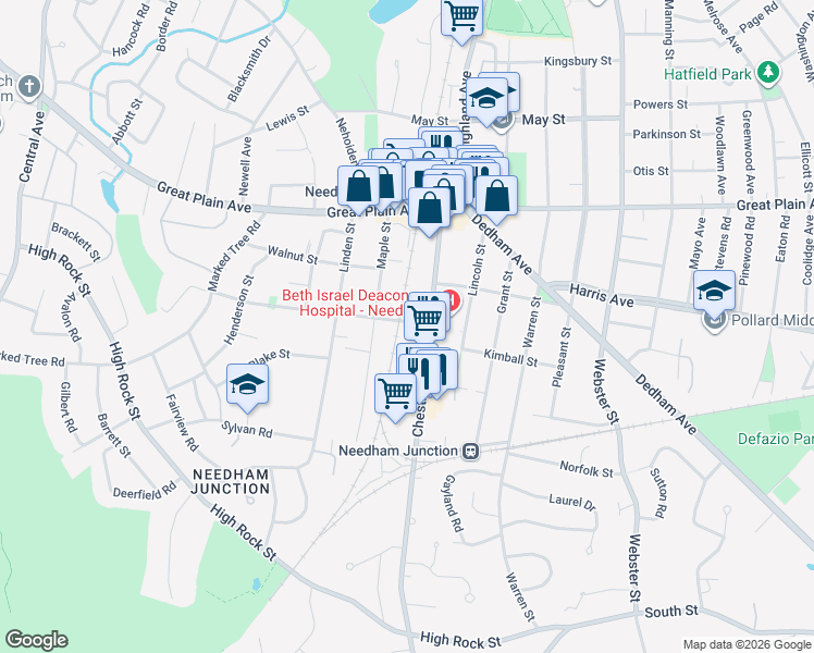 map of restaurants, bars, coffee shops, grocery stores, and more near 16 Oak Street in Needham