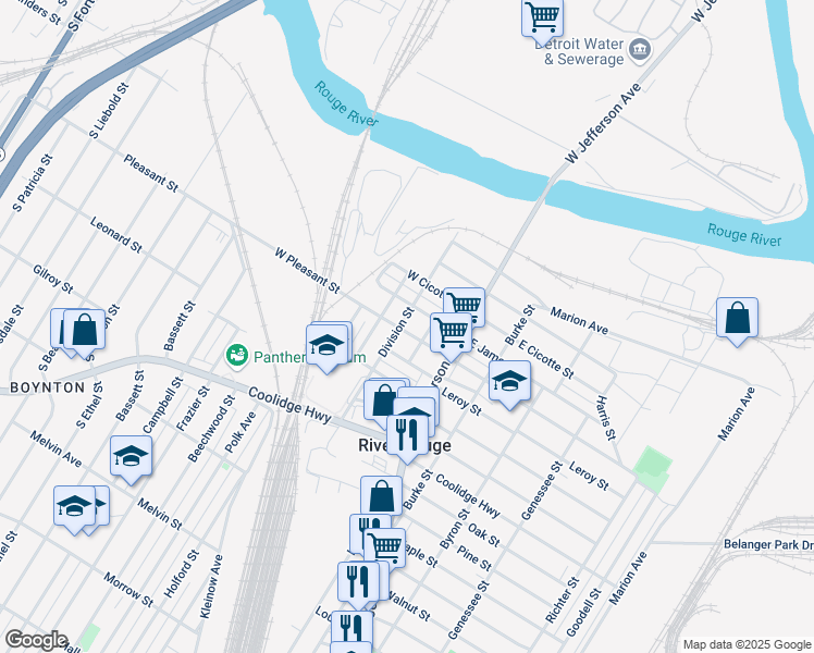 map of restaurants, bars, coffee shops, grocery stores, and more near 36 West Pleasant Street in River Rouge
