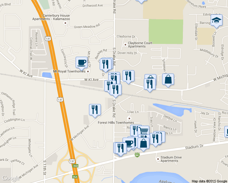 map of restaurants, bars, coffee shops, grocery stores, and more near 1441 S Drake Rd in Kalamazoo
