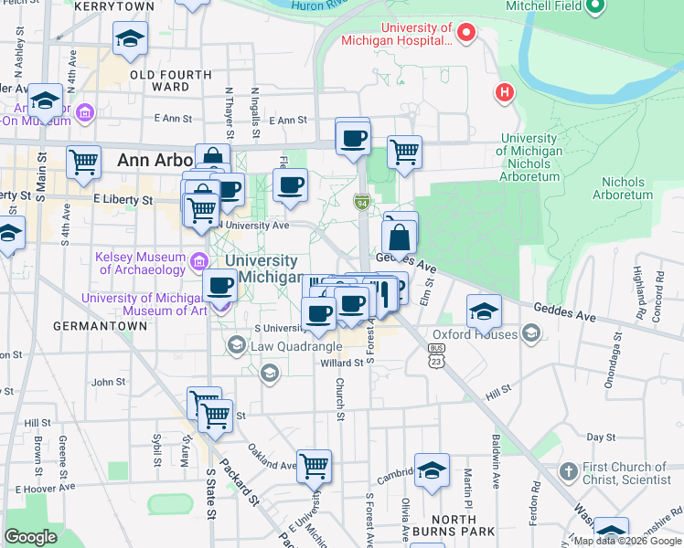 map of restaurants, bars, coffee shops, grocery stores, and more near 425 Church Street in Ann Arbor
