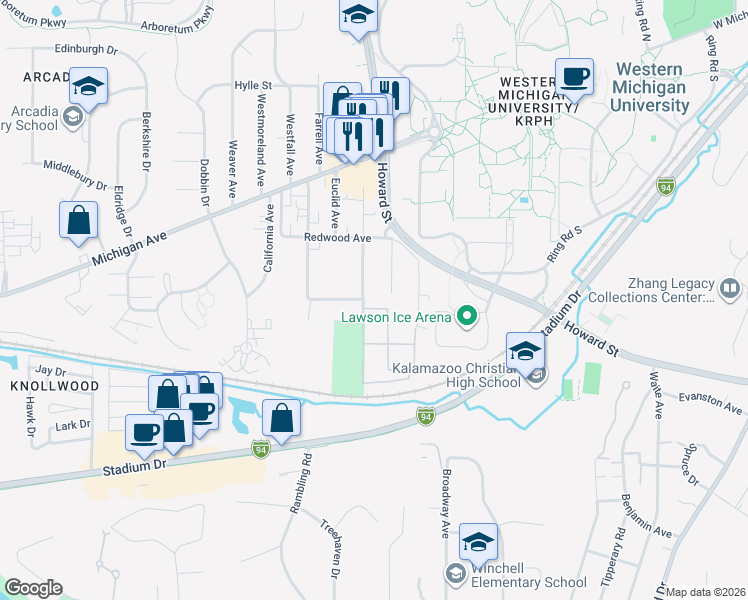 map of restaurants, bars, coffee shops, grocery stores, and more near 1332 Sutherland Avenue in Kalamazoo