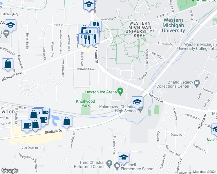map of restaurants, bars, coffee shops, grocery stores, and more near 1407 Knollwood Avenue in Kalamazoo