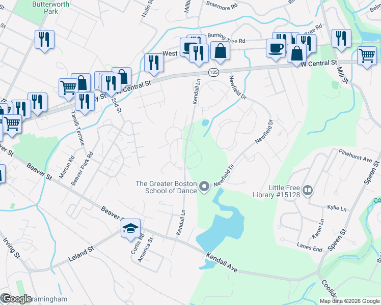 map of restaurants, bars, coffee shops, grocery stores, and more near 46 Village Brook Lane in Natick