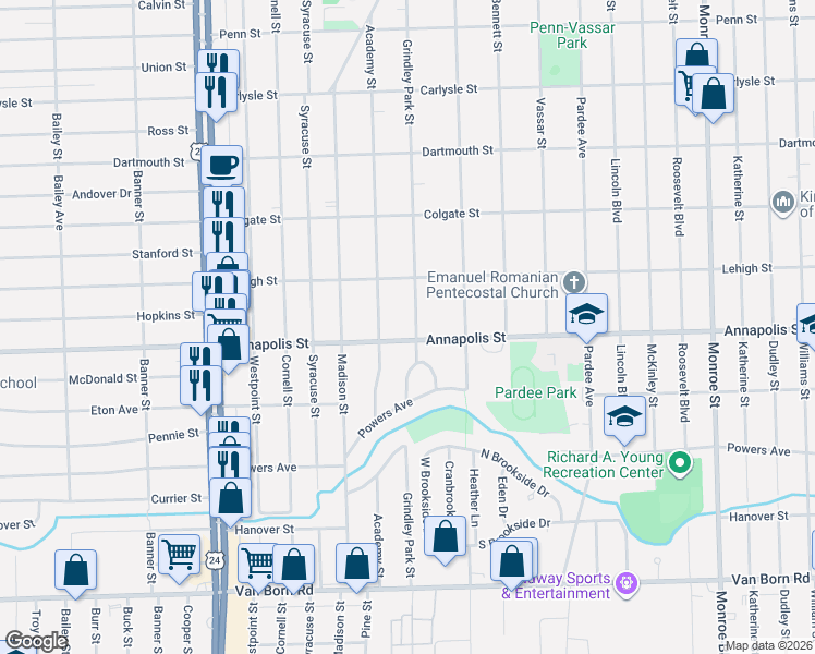 map of restaurants, bars, coffee shops, grocery stores, and more near in Dearborn Heights