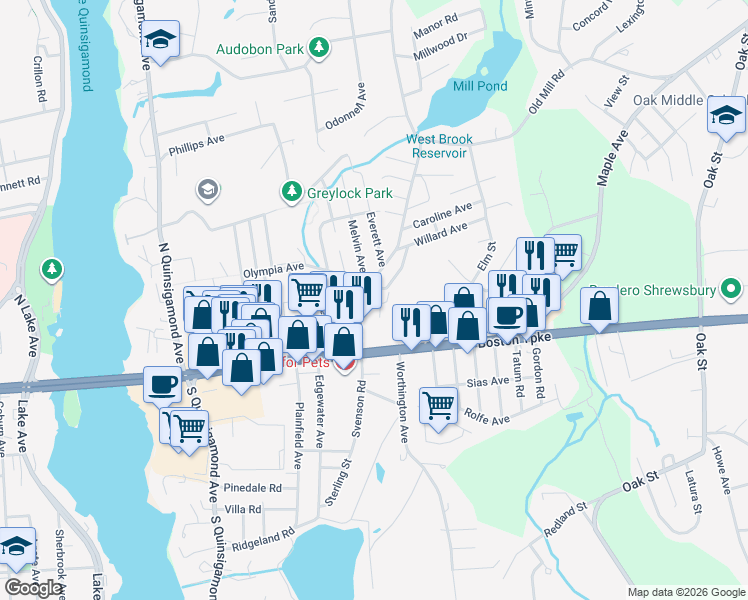 map of restaurants, bars, coffee shops, grocery stores, and more near 32 Harrington Avenue in Shrewsbury
