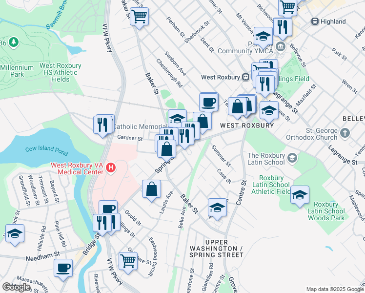 map of restaurants, bars, coffee shops, grocery stores, and more near 5 Gardner Street in Boston