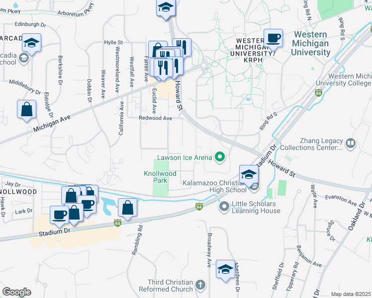 map of restaurants, bars, coffee shops, grocery stores, and more near 1332 Sutherland Avenue in Kalamazoo
