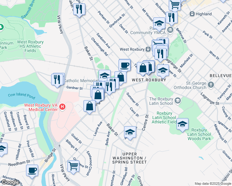 map of restaurants, bars, coffee shops, grocery stores, and more near 14 Springvale Avenue in Boston