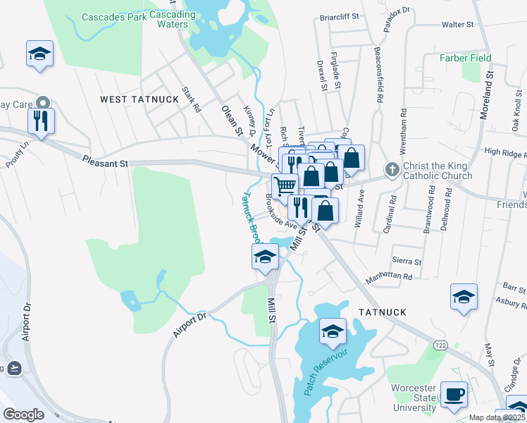 map of restaurants, bars, coffee shops, grocery stores, and more near 5 Mapleleaf Road in Worcester