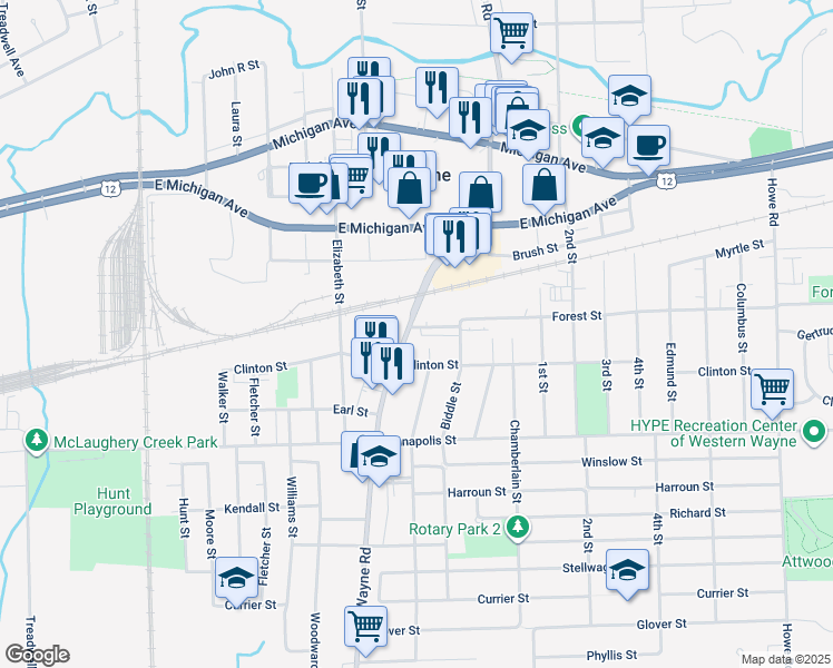 map of restaurants, bars, coffee shops, grocery stores, and more near 4181 South Wayne Road in Wayne