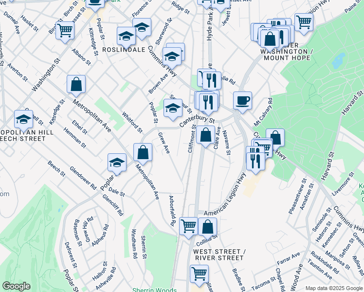 map of restaurants, bars, coffee shops, grocery stores, and more near 1 Cliffmont Street in Boston