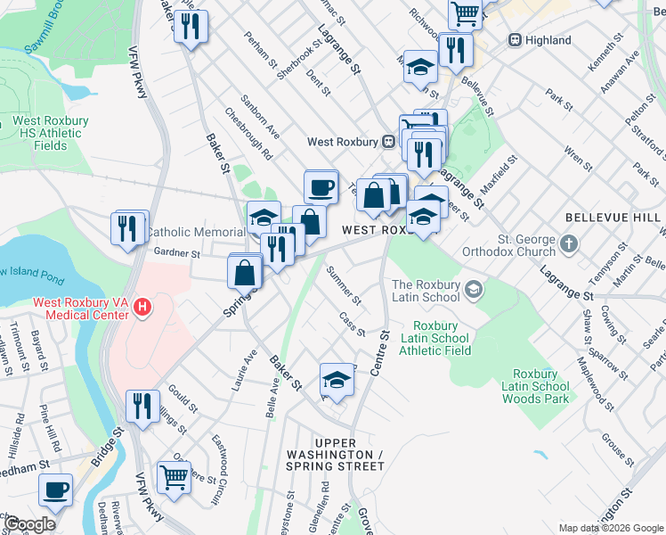 map of restaurants, bars, coffee shops, grocery stores, and more near 56 Spring Street in Boston
